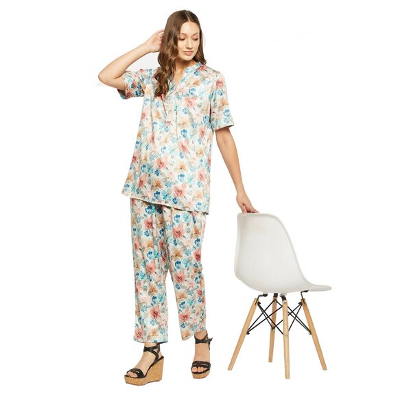 Gypsie Blu Satin Co-Ord Set Floral Printed Pajama Shirt Set 2 Piece for Ladies - Picture 7 of 7